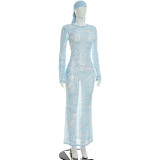Women's Spring/Summer Fashion Sexy See-Through Polka Dot Print Mesh Headband Long Sleeve Dress