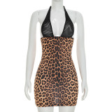 Women's Sexy Leopard Print Halter Neck Lace-Up Bodycon Slim Fit Dress
