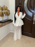 Women's Deep V Slim Waist Blazer & See-Through Mesh Mermaid Gown Two-Piece Set