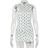 Women's Slim Fit Sleeveless V-Neck Polka Dot Two-Piece Shorts Set