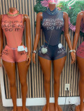 Women's Summer Fashion High Neck Letter Print Sleeveless Mesh Bodysuit Shorts Set