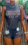 Women's Summer Fashion High Neck Letter Print Sleeveless Mesh Bodysuit Shorts Set