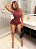 Women's Summer Fashion High Neck Letter Print Sleeveless Mesh Bodysuit Shorts Set
