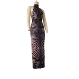 Women's Fashion Sexy Zebra Print Halter Neck Low Back Bodycon Dress