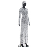 Women's Spring/Summer Fashion Sexy See-Through Polka Dot Print Mesh Headband Long Sleeve Dress