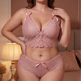 Plus Size Women's Pink Lace Bow Bra & Panty Two-Piece Lingerie Set