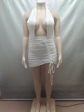 Women's Sexy Drawstring Ruched V-Neck Halter Neck Low Back Mini Dress