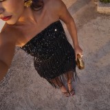 Women's Summer Sequin Fringe Strapless Bodycon Party Mini Dress