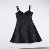 Women's Elegant Chic Satin Lace Patchwork Strap Dress Sexy Mini Dress