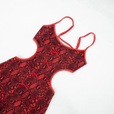 Women's Sexy Snake Print Cut-Out Bow Strap Low Back Slim Fit Jumpsuit