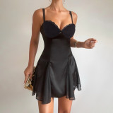 Women's Elegant Chic Satin Lace Patchwork Strap Dress Sexy Mini Dress