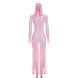 Women's Spring/Summer Fashion Sexy See-Through Polka Dot Print Mesh Headband Long Sleeve Dress