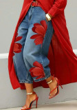 Women's Floral Print High Waist Loose Wide Leg Cropped Denim Pants