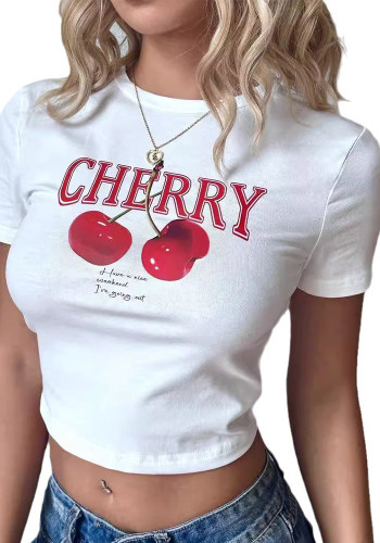 Women's Y2K Slim Fit Cherry Fruit Print Crop Short Sleeve T-Shirt