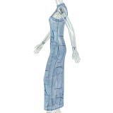 Women's Fashion Semi Sheer Slim Waist Bodycon Round Neck Long Dress
