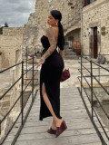 Women's Summer Sexy Halter Neck Cut-Out Low Back Chic High Slit Dress