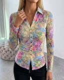 Women's Floral Print V-Neck Button Slim Fit Long Sleeve Pleated See-Through Mesh Blouse