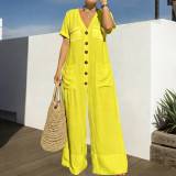 Women's Spring Casual V-Neck Button Loose Wide Leg Jumpsuit