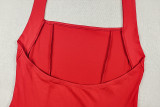 Women's Summer Solid Halter Neck Low Back Sleeveless A-Line Pleated Dress