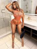 Women's Summer Fashion High Neck Letter Print Sleeveless Mesh Bodysuit Shorts Set
