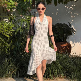 Women's Summer Chic Printed Sexy Lace-Up Halter Low Back Slim Waist Ruffle Dress