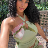 Women's Summer Casual Beach Print Cross Halter Neck Low Back Two-Piece Skirt Set