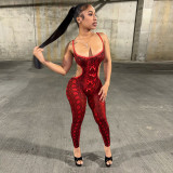 Women's Sexy Snake Print Cut-Out Bow Strap Low Back Slim Fit Jumpsuit