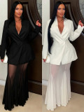 Women's Deep V Slim Waist Blazer & See-Through Mesh Mermaid Gown Two-Piece Set