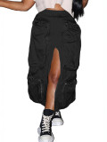 Women's Casual Cargo Pocket Split Midi Skirt