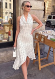 Women's Summer Chic Printed Sexy Lace-Up Halter Low Back Slim Waist Ruffle Dress