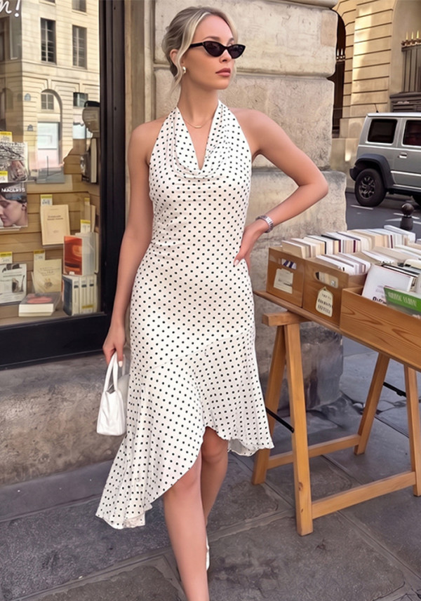 Women's Summer Chic Printed Sexy Lace-Up Halter Low Back Slim Waist Ruffle Dress