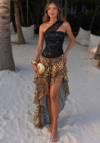 Women's Summer Beach Holidays Leopard Patchwork One-Shoulder Slim Waist Irregular Dress