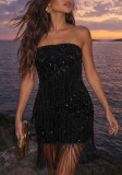 Women's Summer Sequin Fringe Strapless Bodycon Party Mini Dress