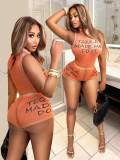 Women's Summer Fashion High Neck Letter Print Sleeveless Mesh Bodysuit Shorts Set