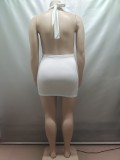 Women's Sexy Drawstring Ruched V-Neck Halter Neck Low Back Mini Dress