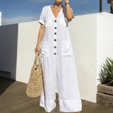 Women's Spring Casual V-Neck Button Loose Wide Leg Jumpsuit