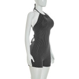 Women's Solid Ribbed Halter Neck Low Back Lace-Up Romper