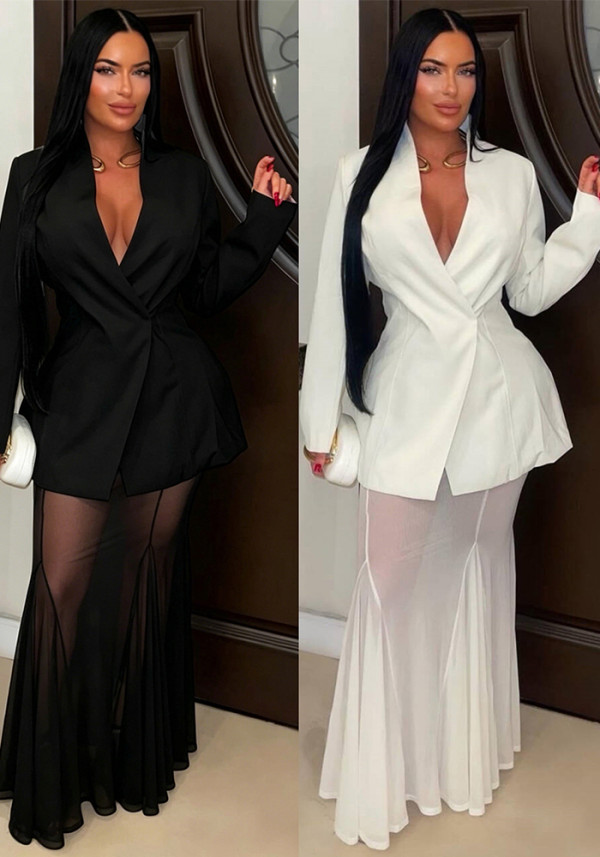 Women's Deep V Slim Waist Blazer & See-Through Mesh Mermaid Gown Two-Piece Set