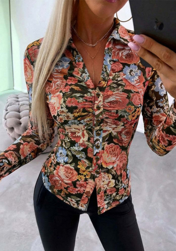 Women's Floral Print V-Neck Button Slim Fit Long Sleeve Pleated See-Through Mesh Blouse