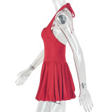 Women's Summer Solid Halter Neck Low Back Sleeveless A-Line Pleated Dress
