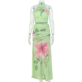 Women's Summer Casual Beach Print Cross Halter Neck Low Back Two-Piece Skirt Set