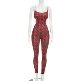 Women's Sexy Snake Print Cut-Out Bow Strap Low Back Slim Fit Jumpsuit