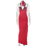 Women's Solid Ruched Bodycon Sleeveless Cowl Neck Side Slit Long Dress