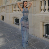 Women's Fashion Semi Sheer Slim Waist Bodycon Round Neck Long Dress