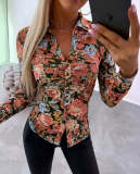 Women's Floral Print V-Neck Button Slim Fit Long Sleeve Pleated See-Through Mesh Blouse