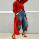 Women's Floral Print High Waist Loose Wide Leg Cropped Denim Pants