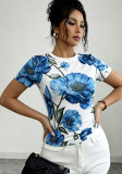 Women's Blue Floral Colorblock Print Slim Fit Round Neck Crop Top