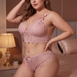 Plus Size Women's Pink Lace Bow Bra & Panty Two-Piece Lingerie Set