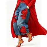 Women's Floral Print High Waist Loose Wide Leg Cropped Denim Pants