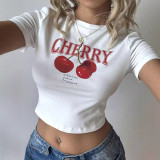 Women's Y2K Slim Fit Cherry Fruit Print Crop Short Sleeve T-Shirt